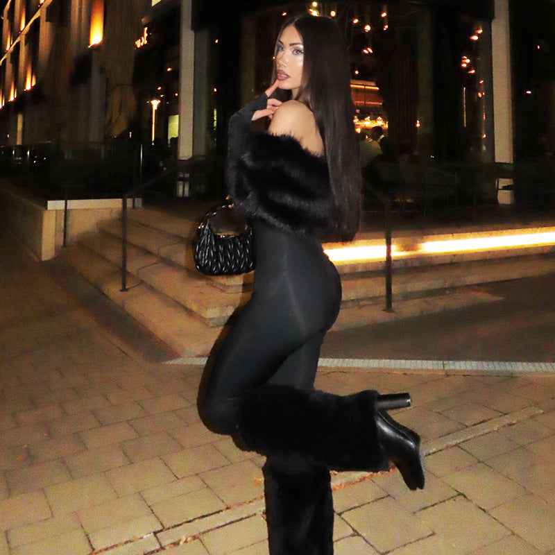 Sexy off the Shoulder Furry Slim Fit Patchwork Jumpsuit