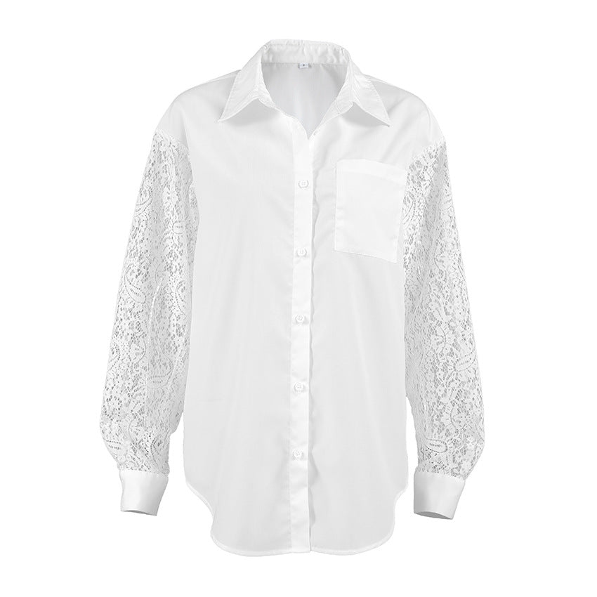 Lace Stitching Hollow Out Long Sleeve Collared Blouse