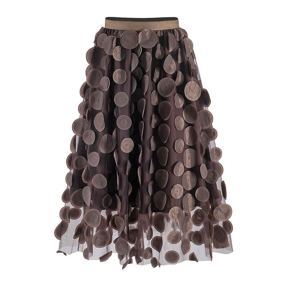 Three Dimensional Patch Stitching Mesh Women Midi Skirt