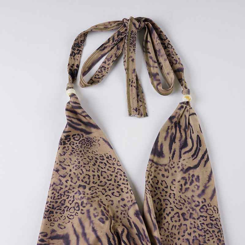 Leopard Print Lace up Halterneck Sexy Two Piece Bottoms Sets