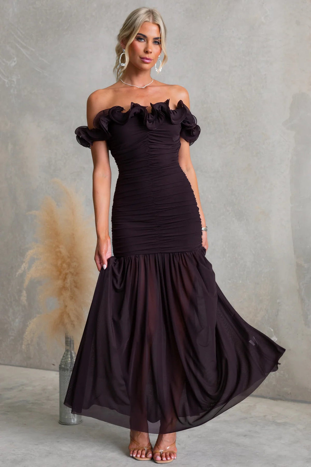 Spring Summer Solid Color Mesh Slim Fit Sexy Vacation off Shoulder Dress