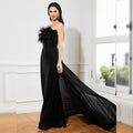 Sequined Sleeveless Feather Backless Cocktail Evening Dress