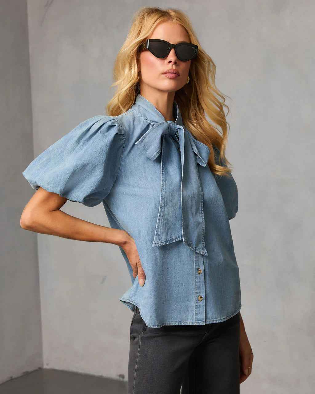 Spring Retro Lace up Denim Blouse