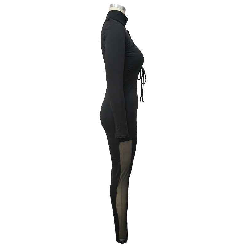 Sexy Lace Up Stitching See Through Long Sleeve Jumpsuit