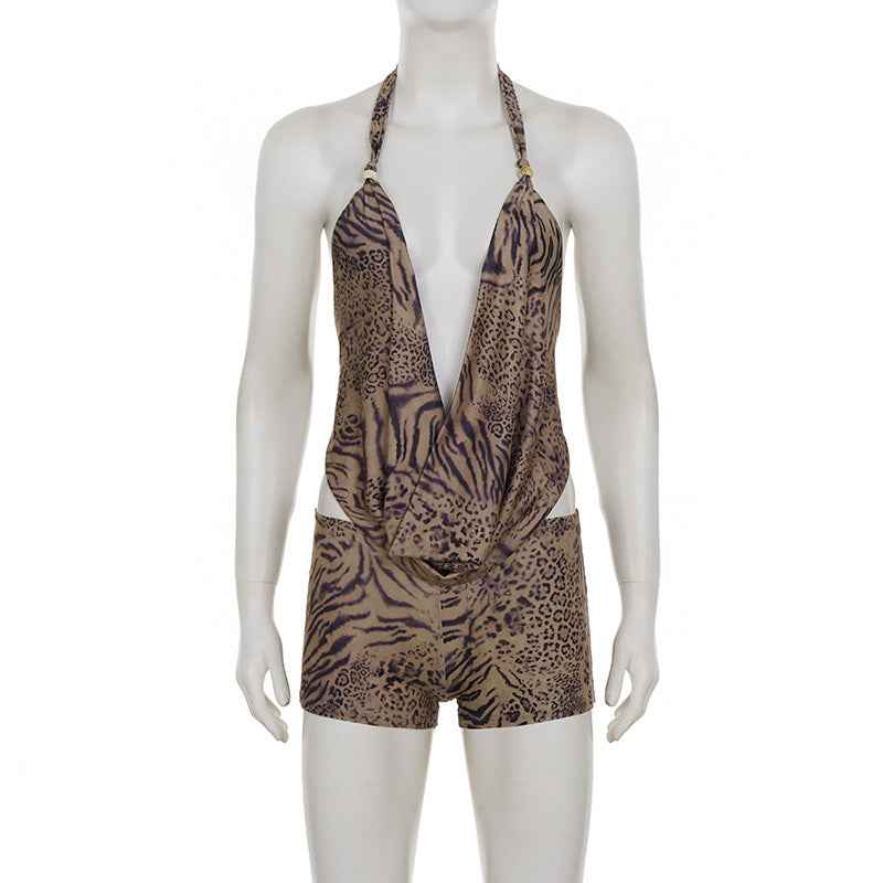 Leopard Print Lace up Halterneck Sexy Two Piece Bottoms Sets