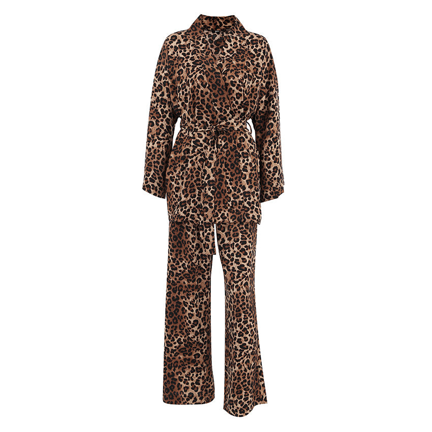 Women's Leopard Print Long-sleeved Jumpsuit Two-piece Set