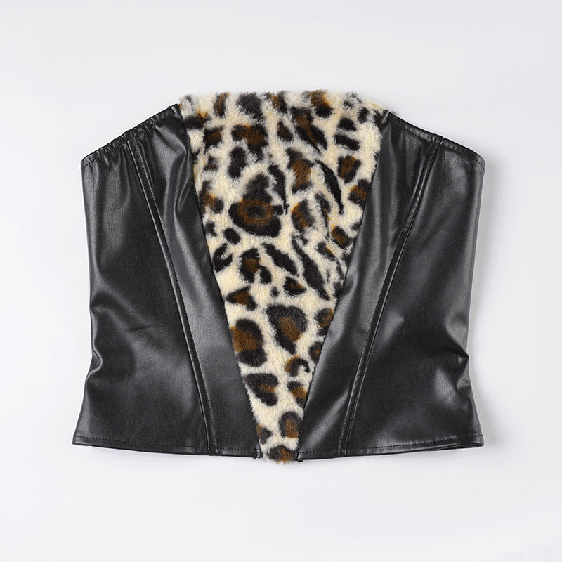 Leopard Fur Stitching Leather Hip Skirt Two Piece Set
