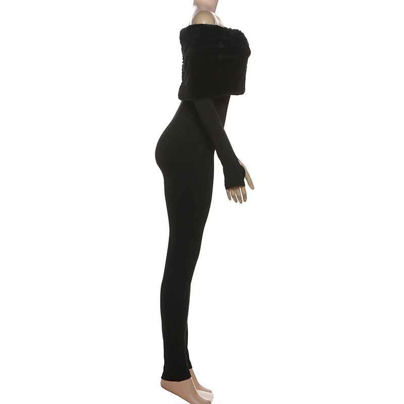 Sexy off the Shoulder Furry Slim Fit Patchwork Jumpsuit