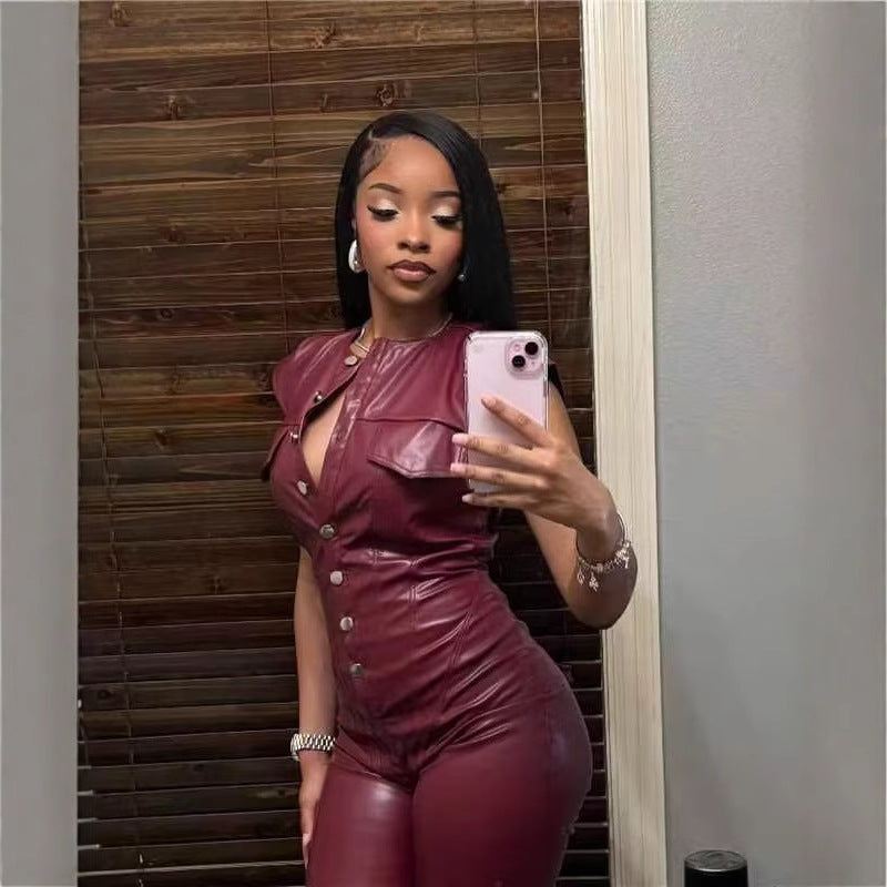 New Arrivals Women's Trousers Sleeveless Leather Jumpsuit