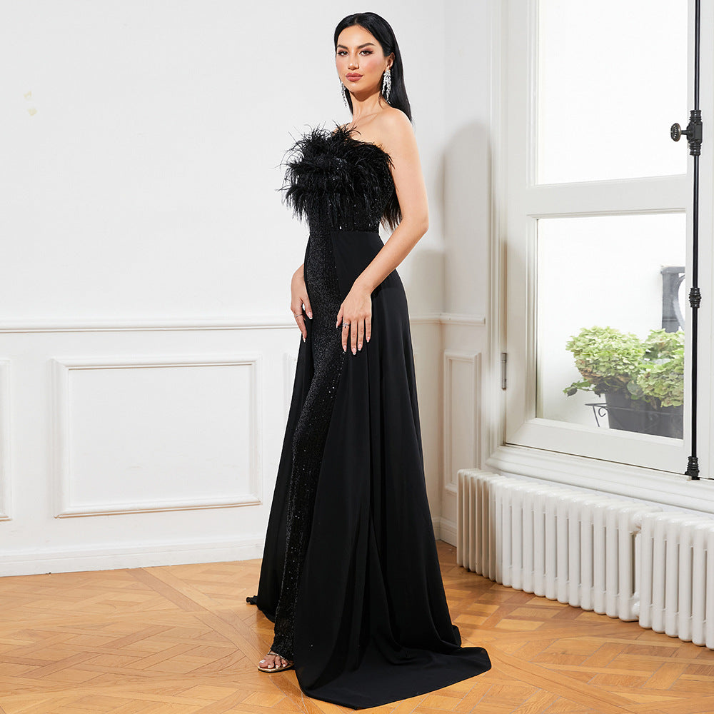 Sequined Sleeveless Feather Backless Cocktail Evening Dress