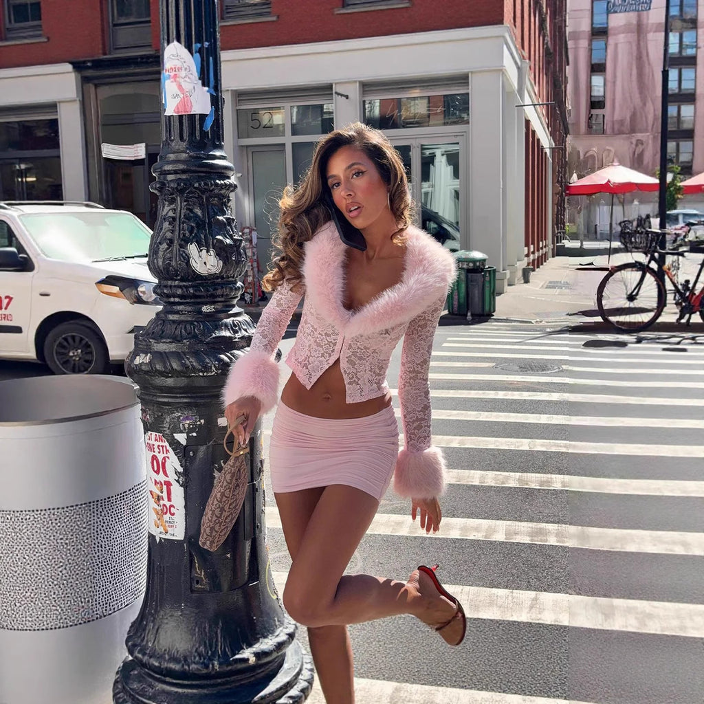 Lace Plush Long Sleeved Skirt Set