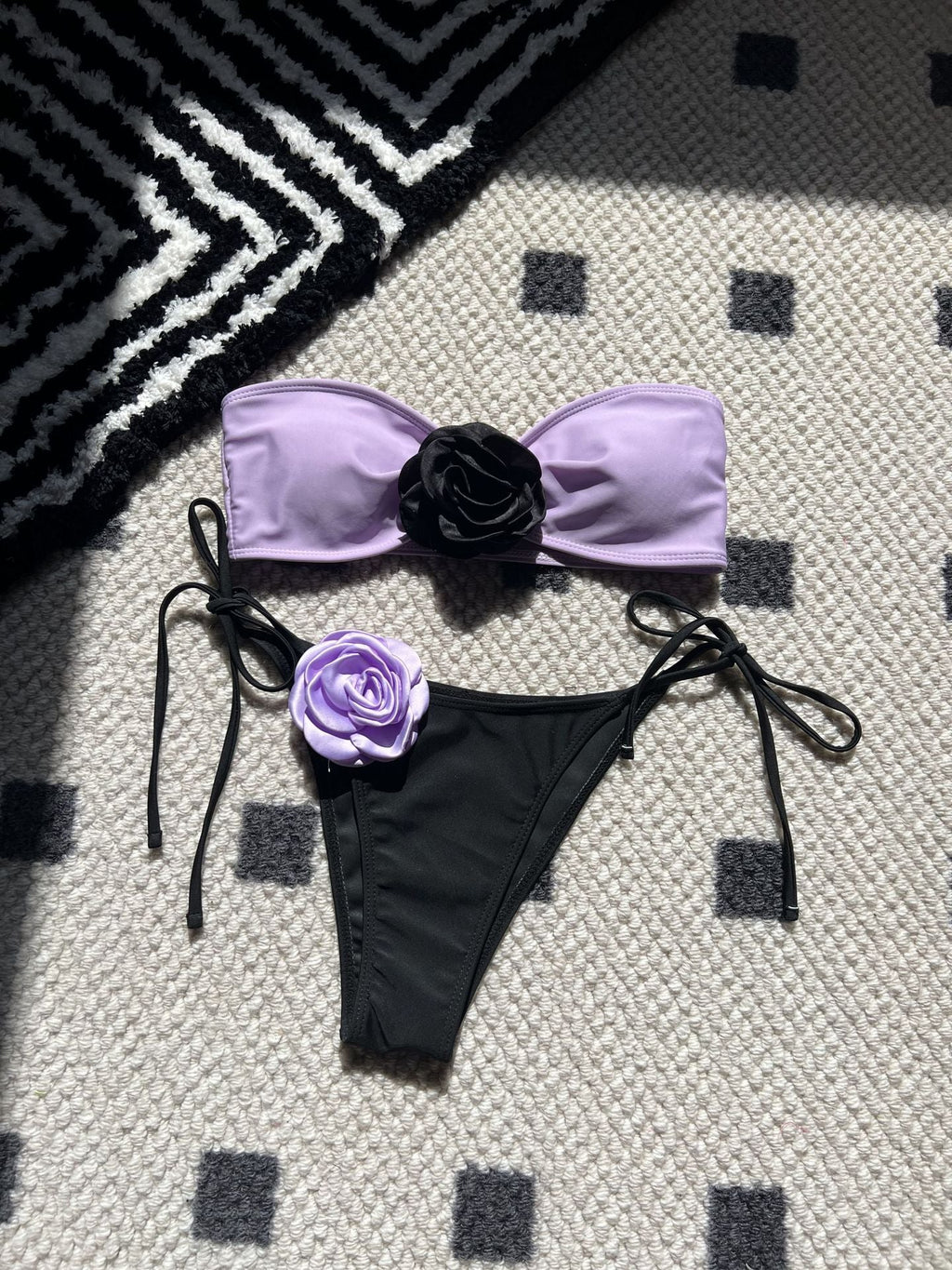 Color Matching Rose Tube Top Lace up Drawstring Strap Split Swimsuit Bikini
