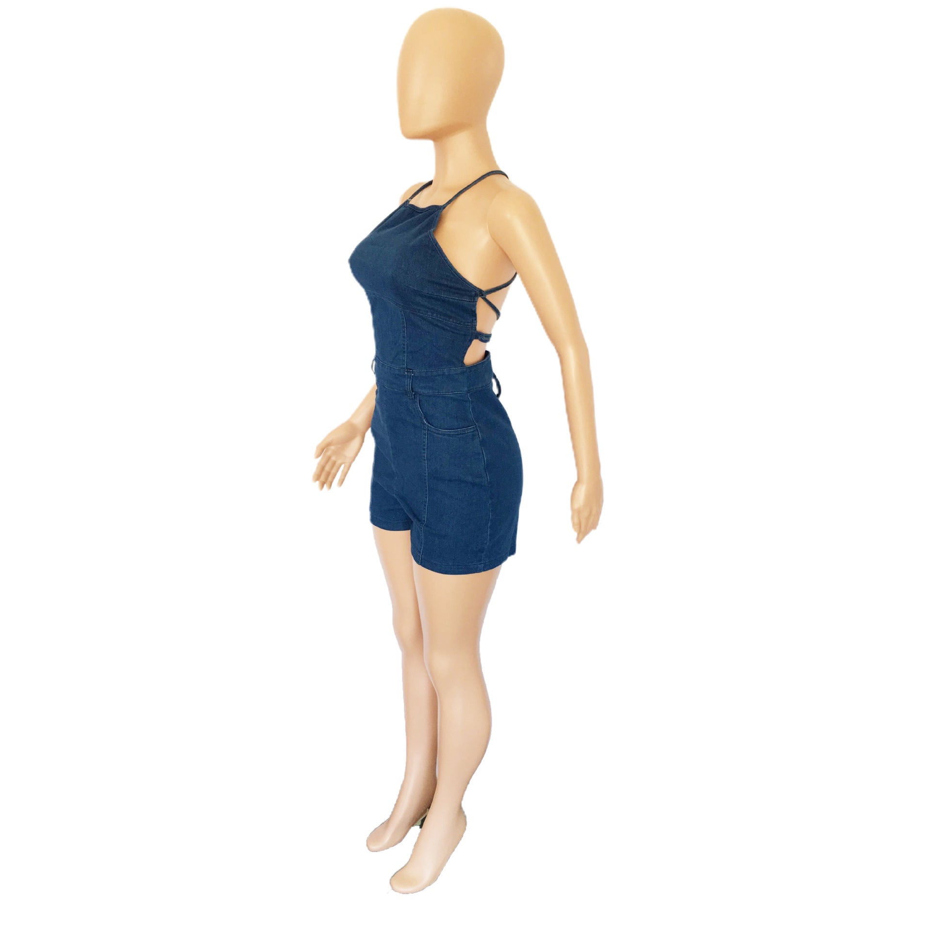 Casual Slim Fit Backless Bandage Denim Jumpsuit