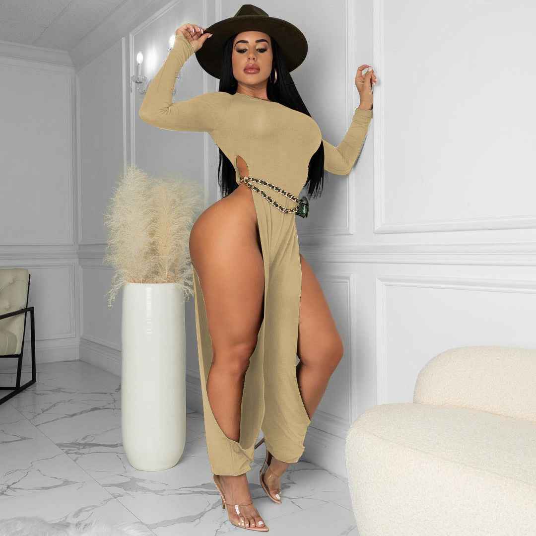 Sexy Open-Leg Jumpsuit Solid Color