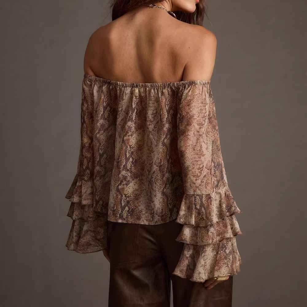 Women's Casual Printed off Shoulder Chiffon Blouse