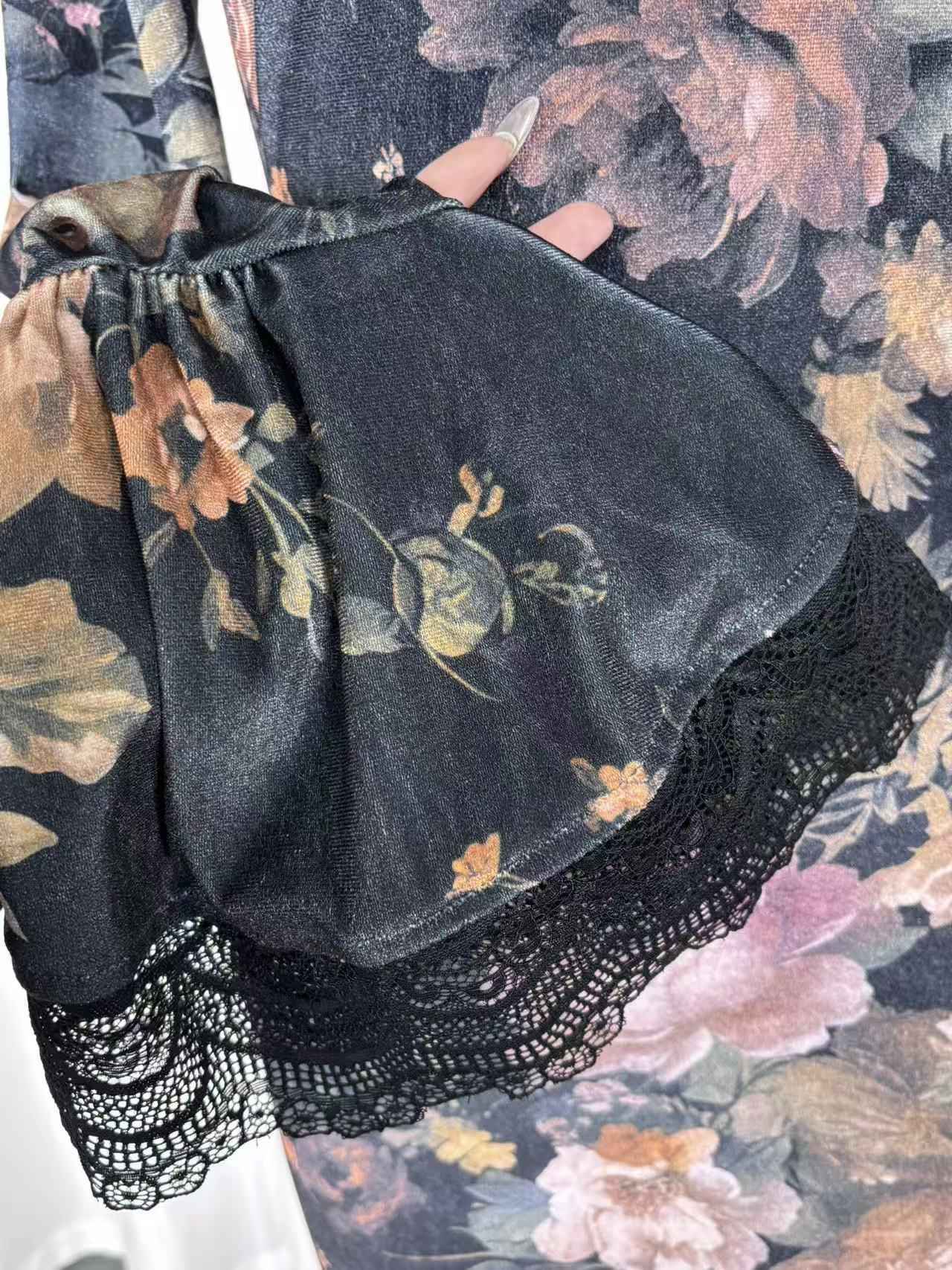 Retro Elegant Floral Print Lace Patchwork Flared Dress