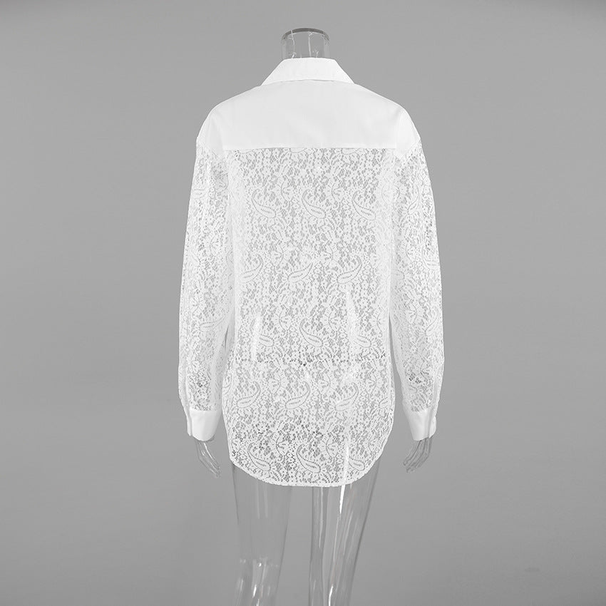 Lace Stitching Hollow Out Long Sleeve Collared Blouse