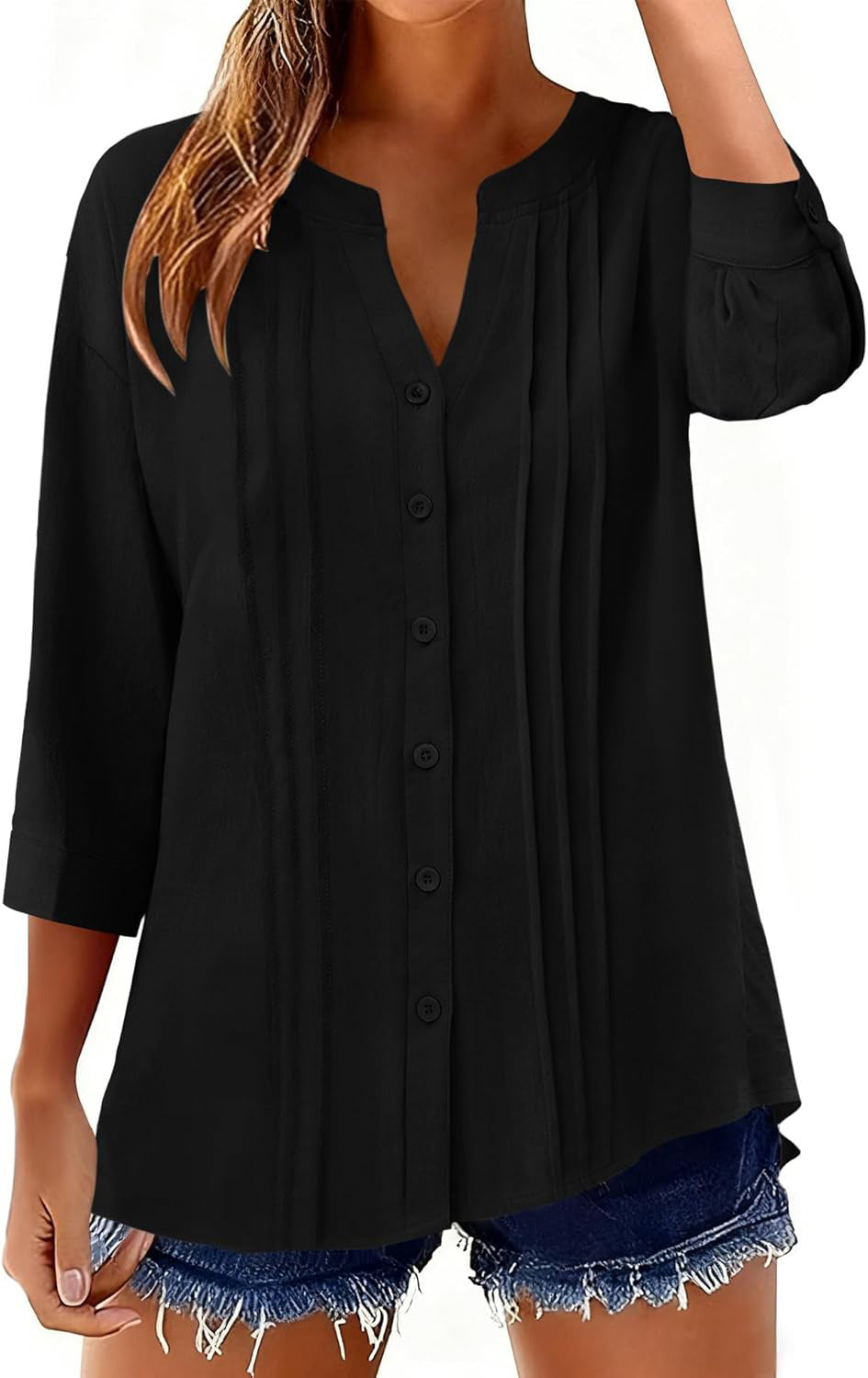 Half Open Collar Single Breasted Pleated Cropped Sleeve Blouse