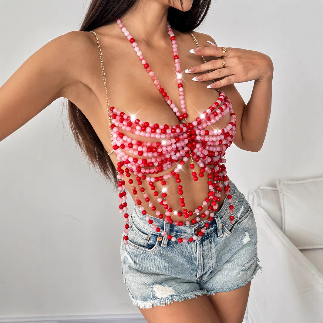 Multi Layer Pearl Halter Out Camisole T-shirt