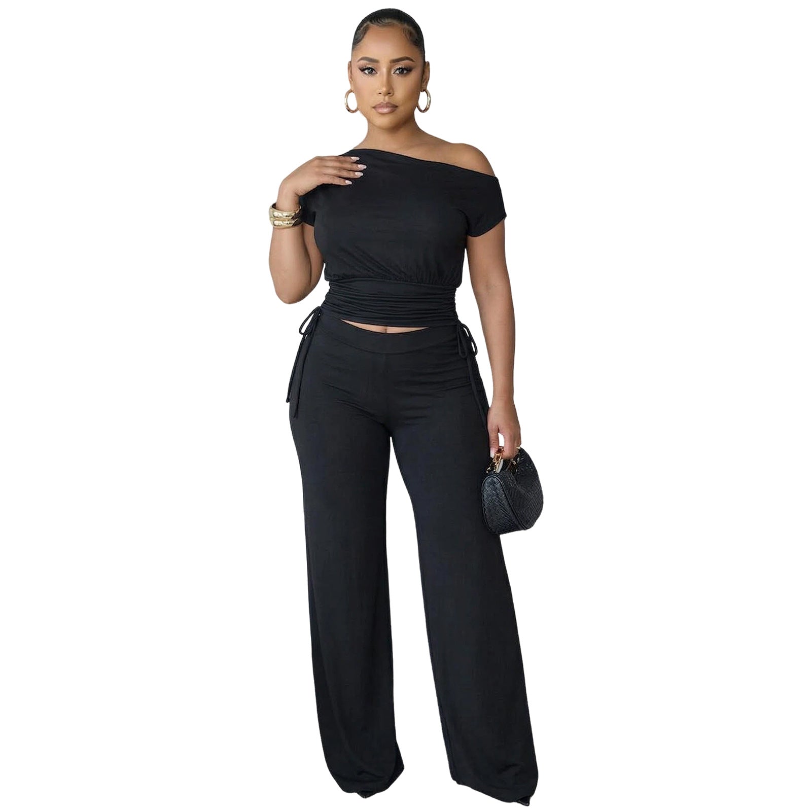 Asymmetric Pleated Jumpsuit Two Piece Set