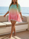 Women Clothes Women Casual Loose Gradient Printing Tassel Stitching T shirt Beach Cover up