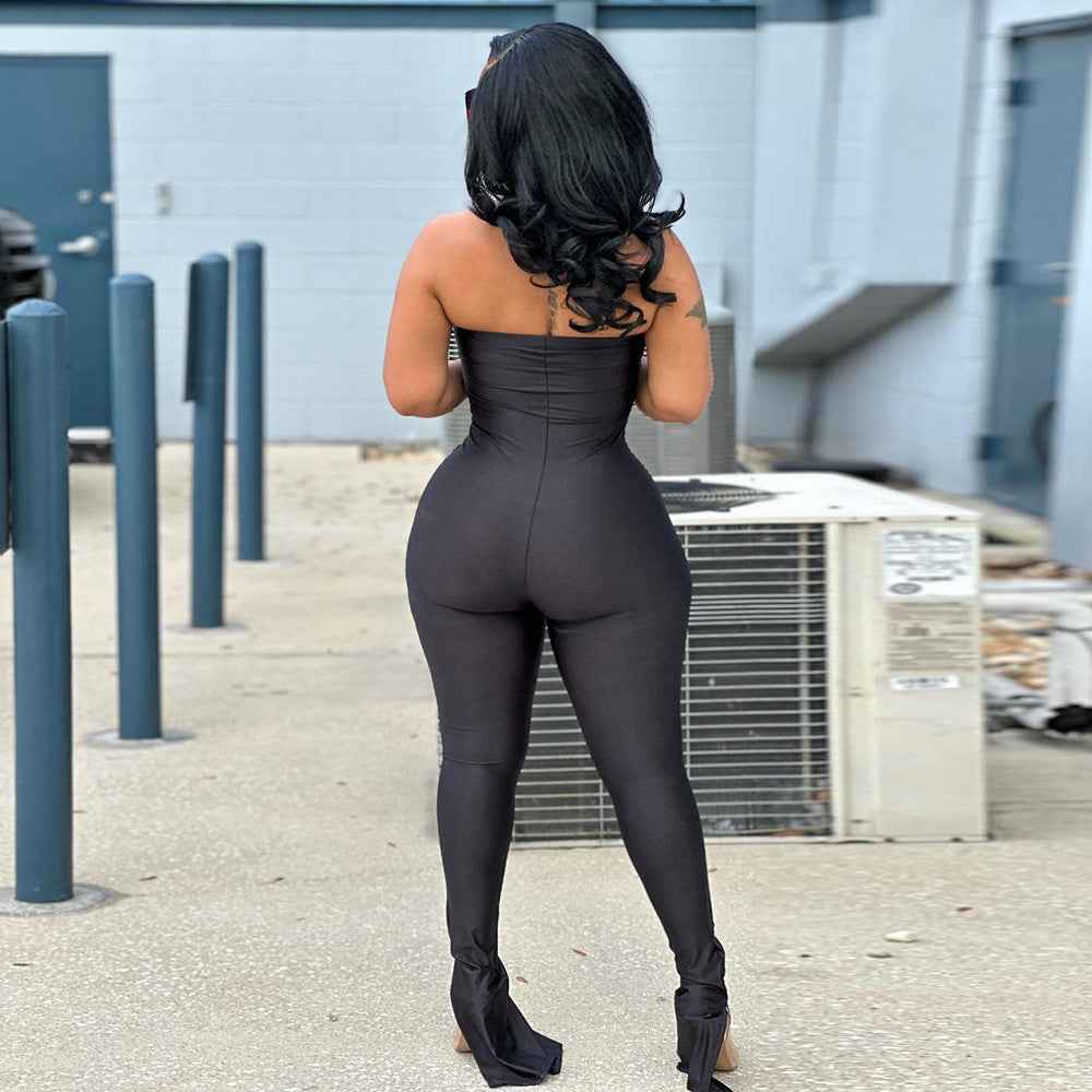 Women Clothing off Neck Stitching High Elastic Slit Slim Fitting Jumpsuit