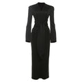 Fall Women Clothing Solid Color Collared Waist Tight Slim Fit Lace up Long Sleeve Zipper Dress