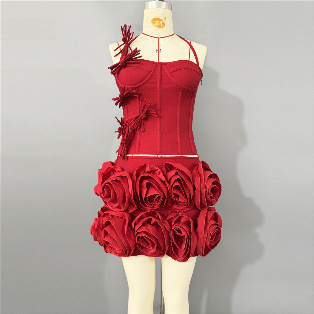 Halter Top Three Dimensional Floral Skirt Set Two Piece Bandage