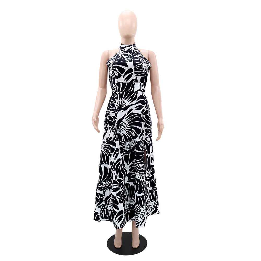 Sleeveless Elegant Maxi Dress Printed High Slit