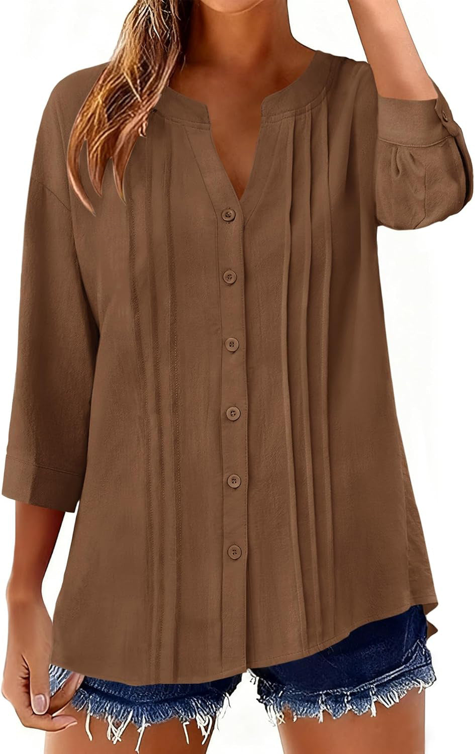 Half Open Collar Single Breasted Pleated Cropped Sleeve Blouse