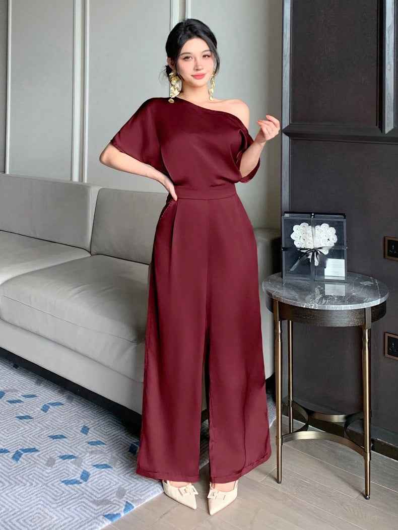 Satin Jumpsuit for Women Elegant Asymmetric