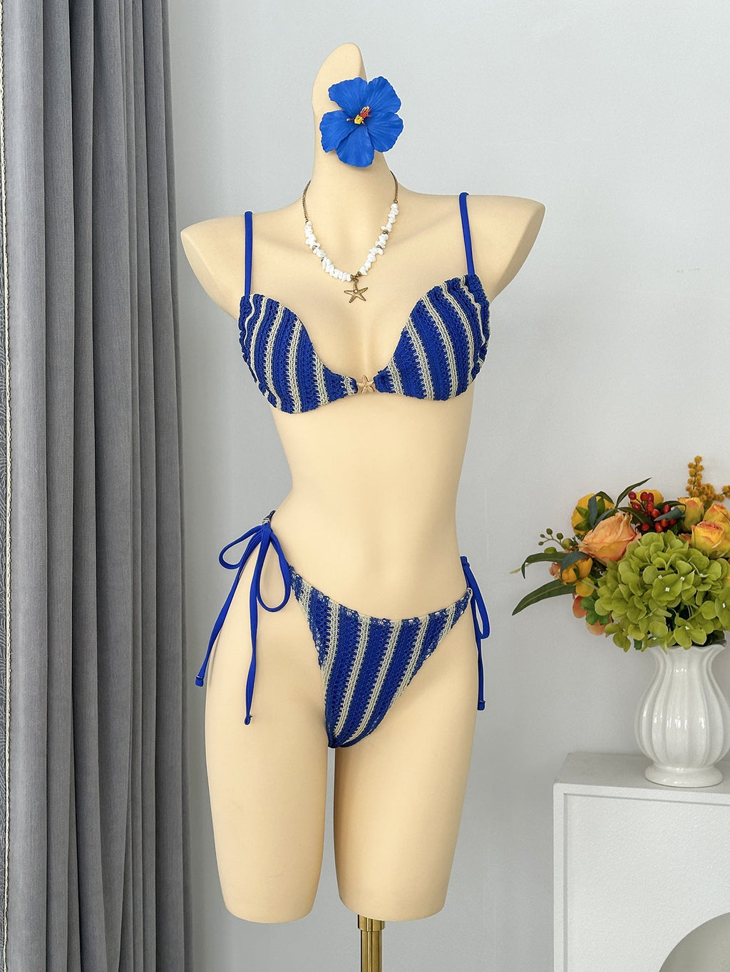 Striped Halter Lace up Bikini Swimsuit MUNSIEUR