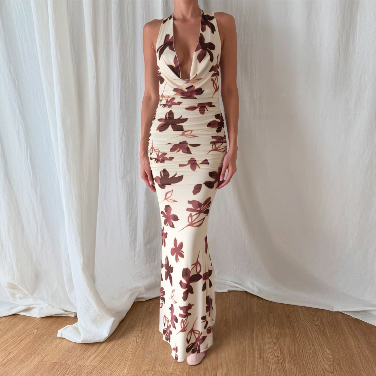 Women Clothing Autumn Sexy Swing Collar Vacation High Waist Figure Flattering Sheath Dress Maxi Dress