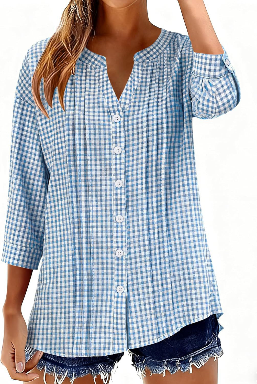 Half Open Collar Single Breasted Pleated Cropped Sleeve Blouse