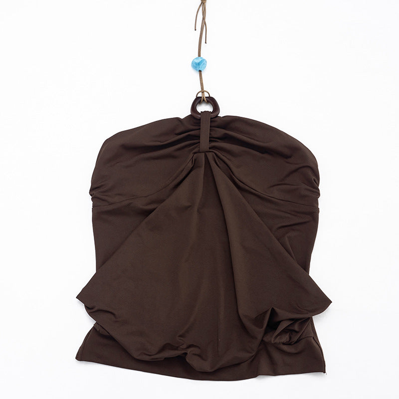 Spring Solid Color Pleated Backless Halter Sling Top T-shirt for Women