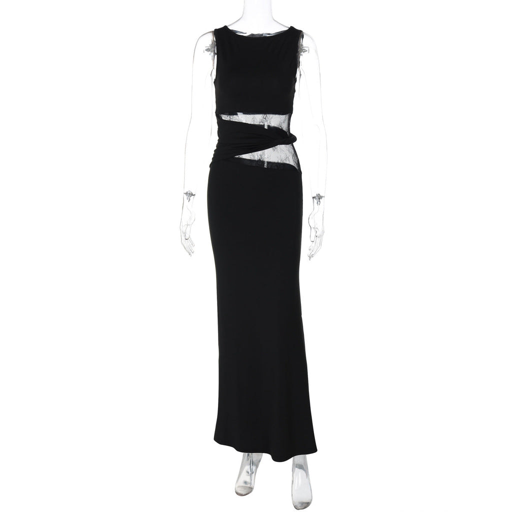 Summer Sleeveless Sexy Lace Stitching Maxi Dress Elegant Slim Fit Dress
