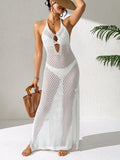 V neck Fitted Waist Backless Knitted Dress Halter Strap Decorative Hollow Out Cutout out Side Slit Hip Dress Beach Cover up Women