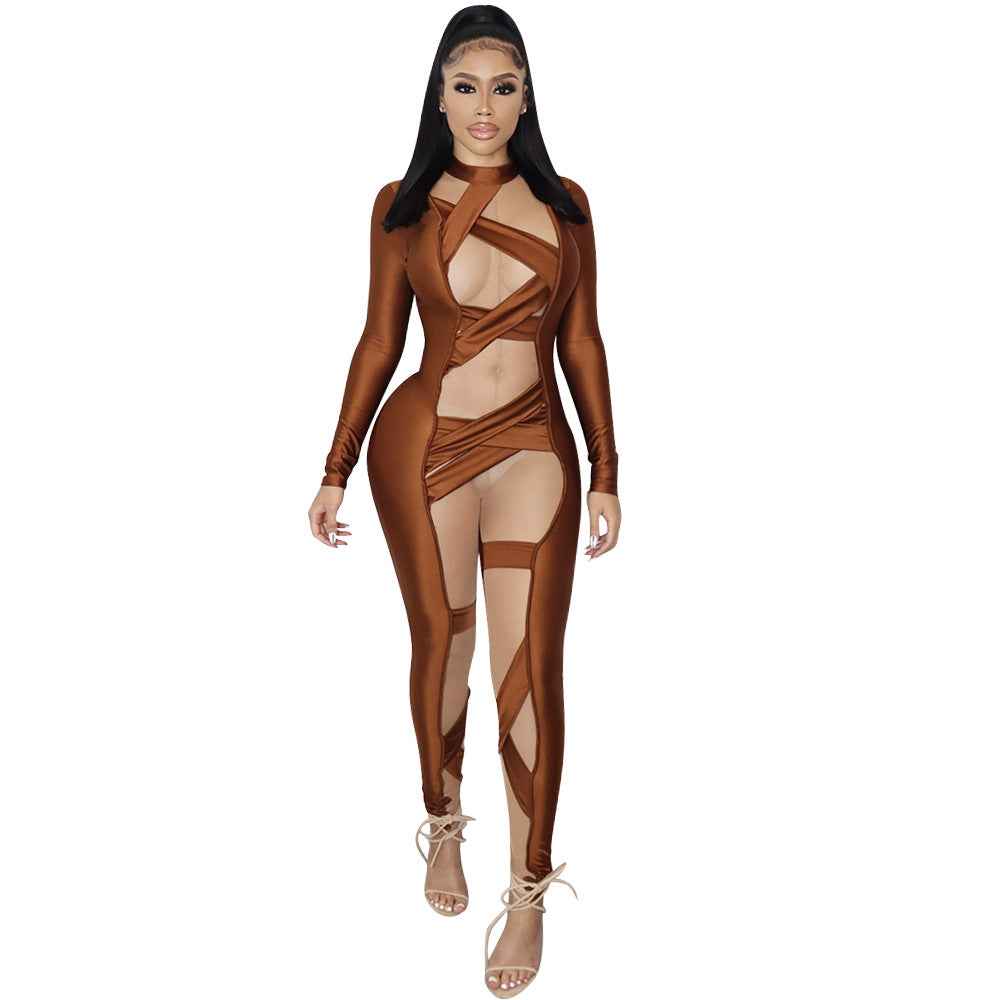 Mesh Bandage Stitched Long Sleeve Jumpsuit for Women