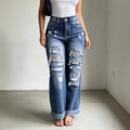 High Waist Jeans Leopard Patch Ripped Retro