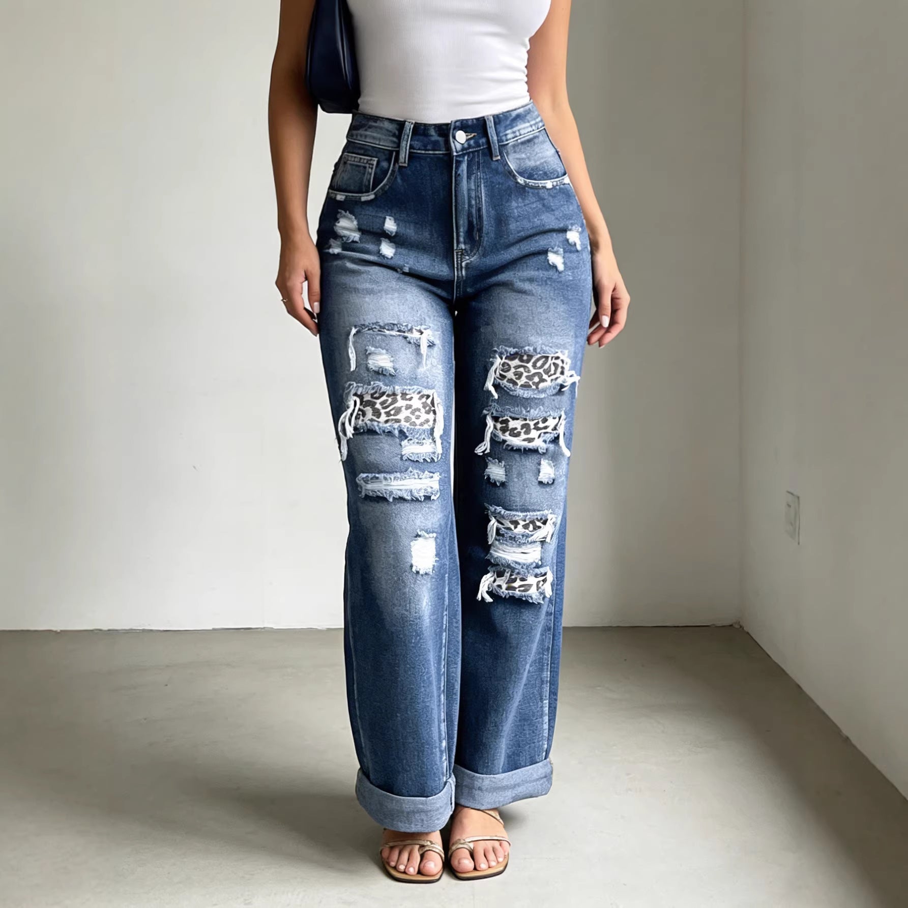 High Waist Jeans Leopard Patch Ripped Retro