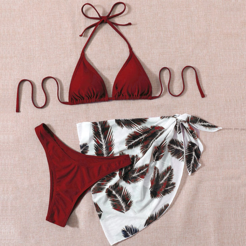 Printed Halter Lace up Bikini Three Piece High Waist Mesh Split Swimsuit