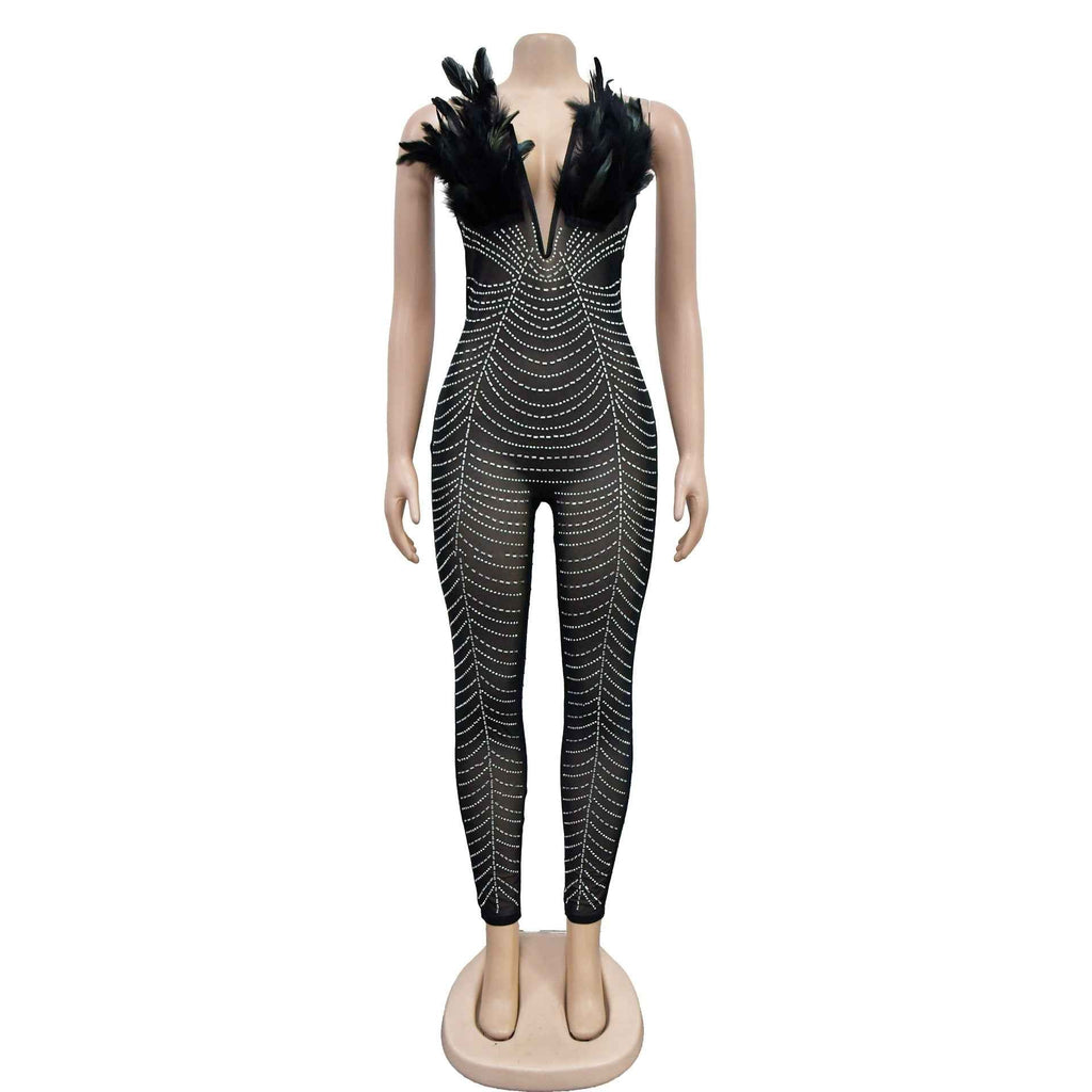 Solid Color Sexy Mesh Rhinestone Jumpsuit