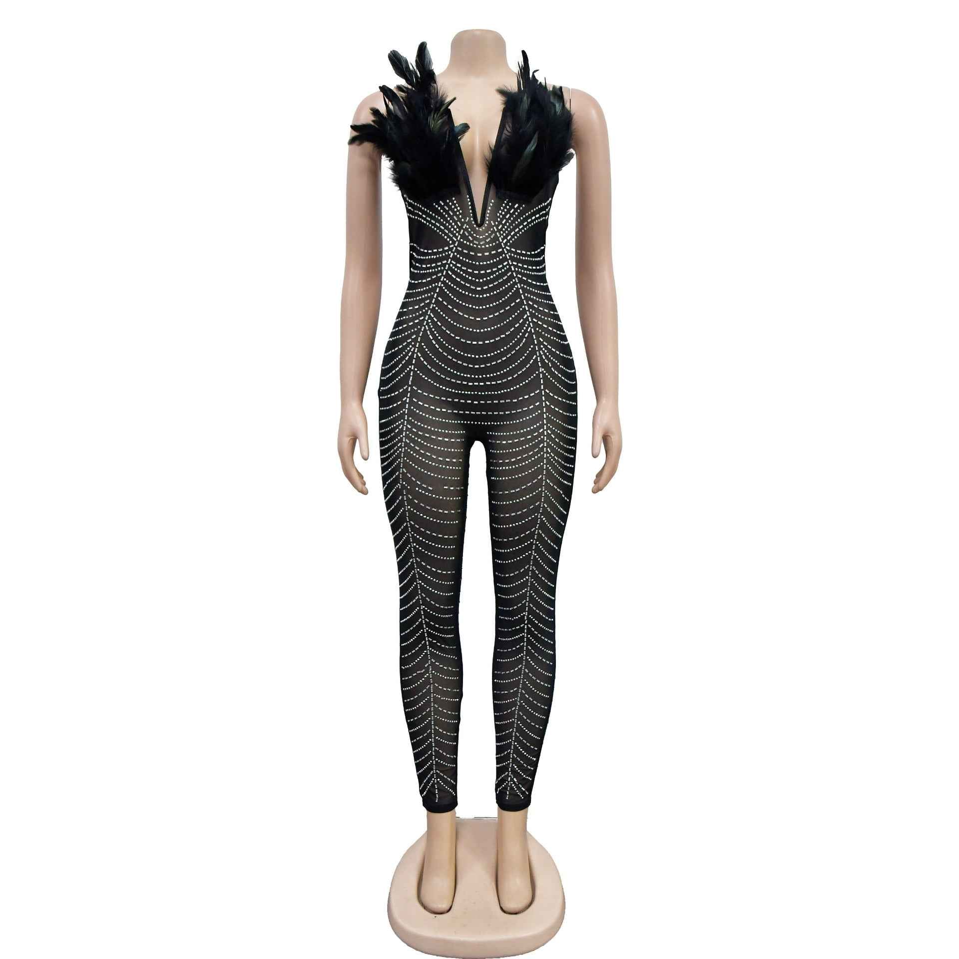 Solid Color Sexy Mesh Rhinestone Jumpsuit