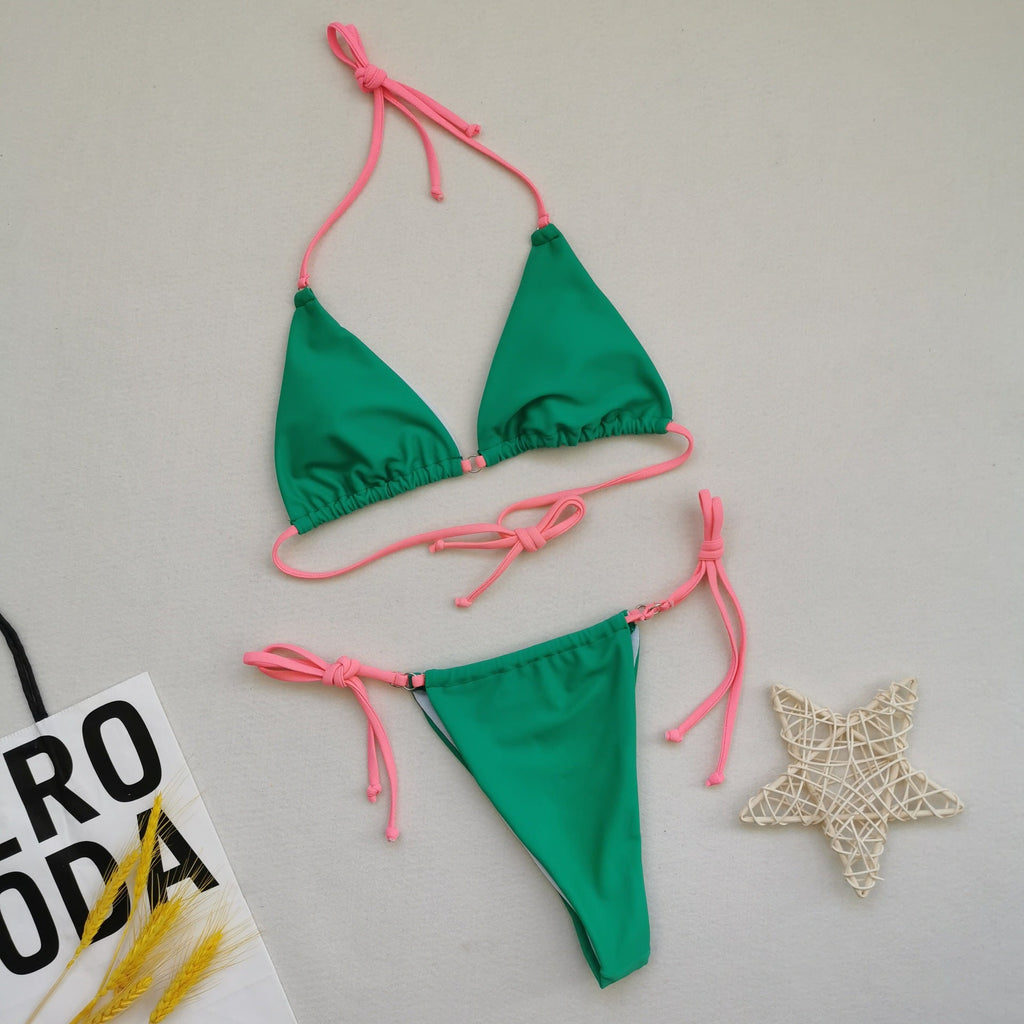 Sexy Triangle Soft Bag Drawstring Bikini Strap Backless Lace Up Swimsuit Women