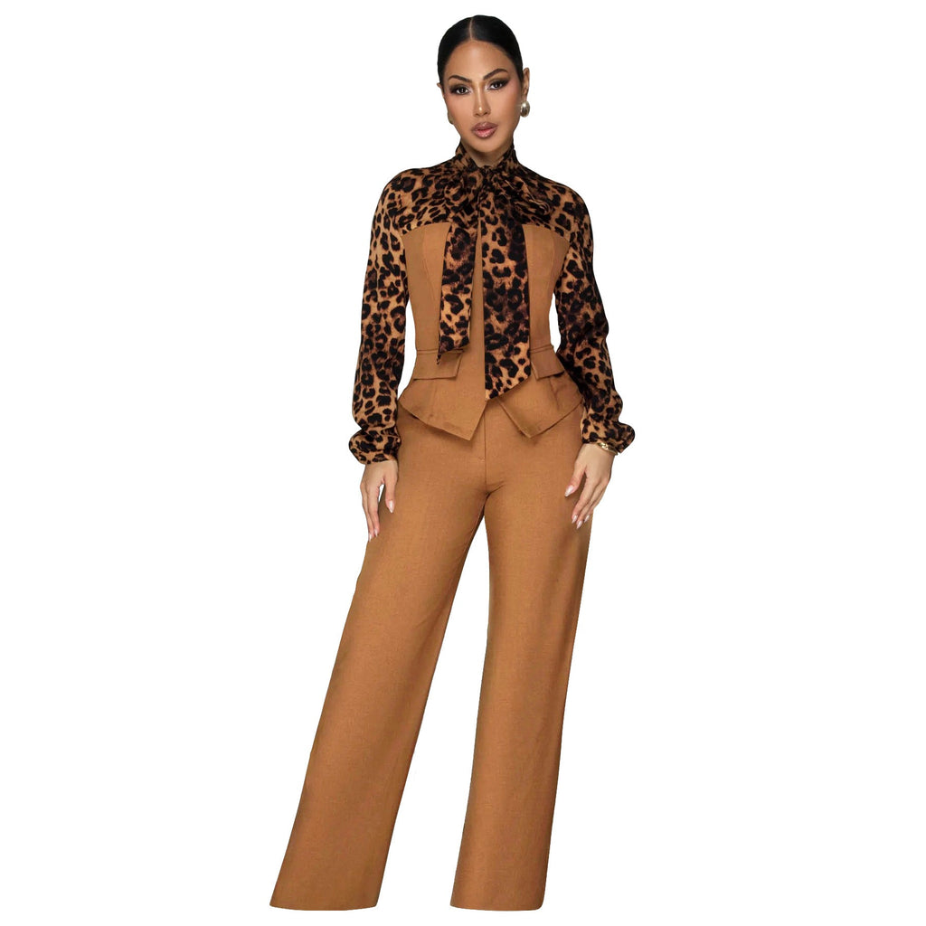 Leopard Collar Blouse Casual Set