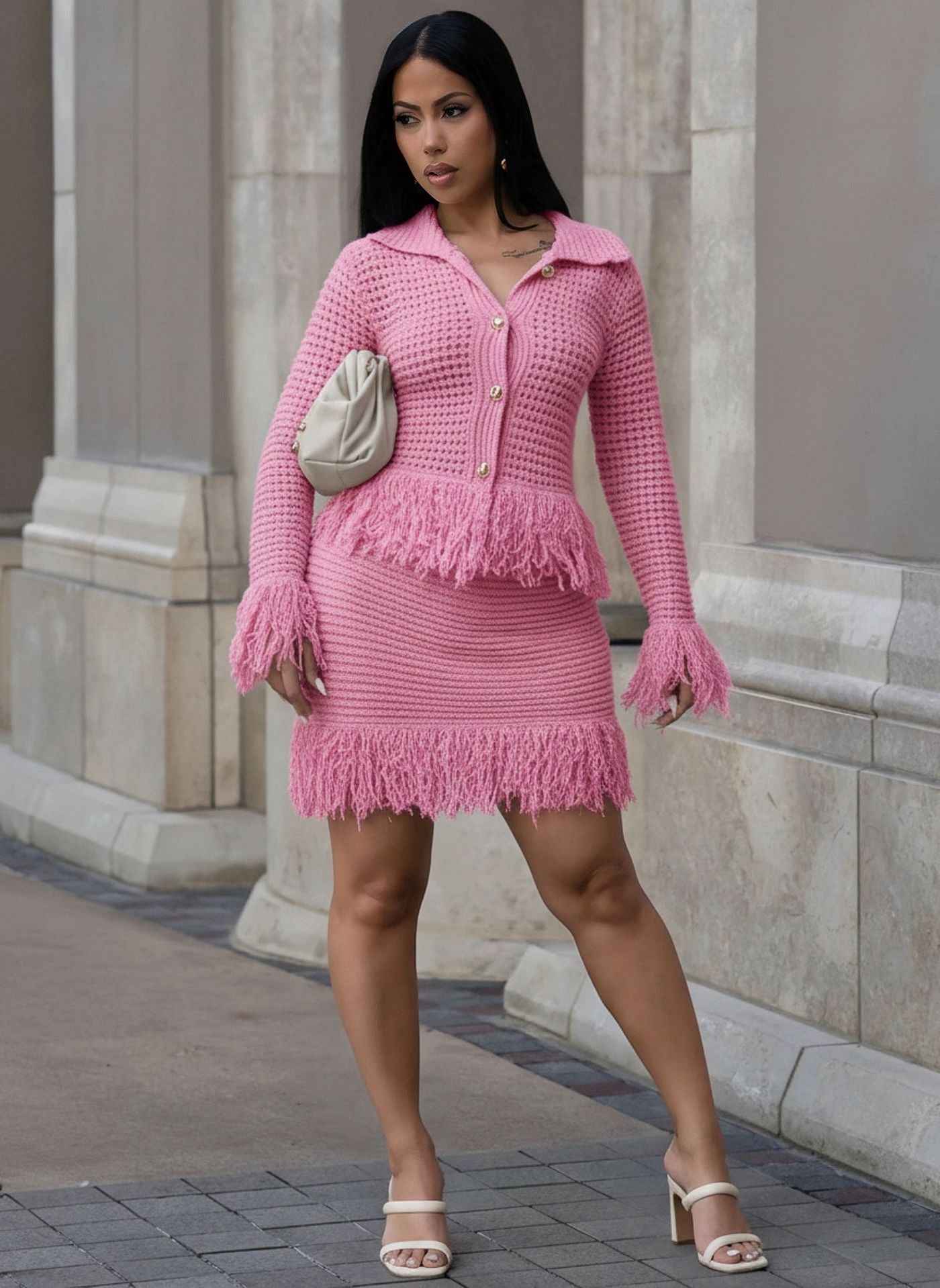 Fringe Sheath Skirt Two Piece Set