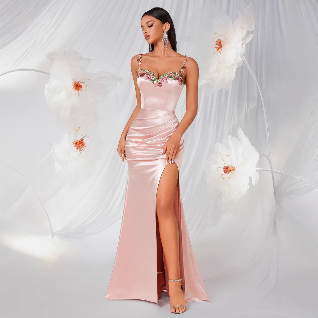 French Entry Lux Pink Satin Evening Dress High Grade Embroidered Lace Slit Fishtail Dress