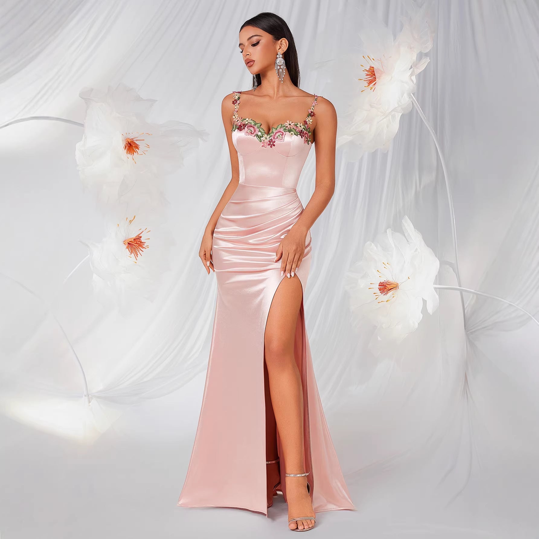 French Entry Lux Pink Satin Evening Dress High Grade Embroidered Lace Slit Fishtail Dress