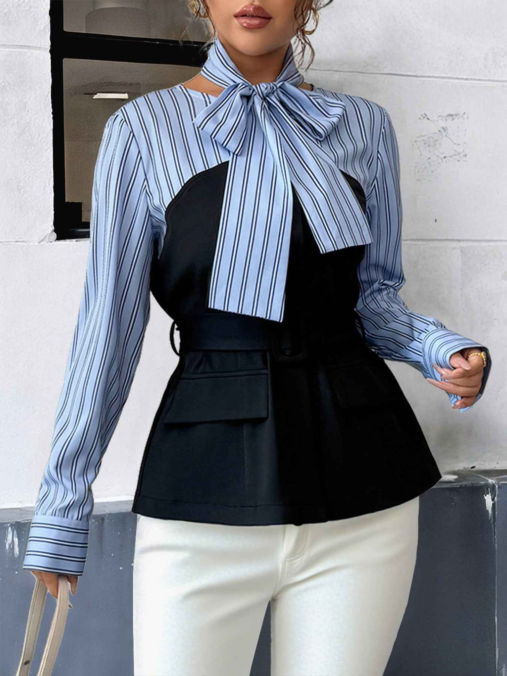 Striped Stitching Elegant Blouse False Two Piece Set