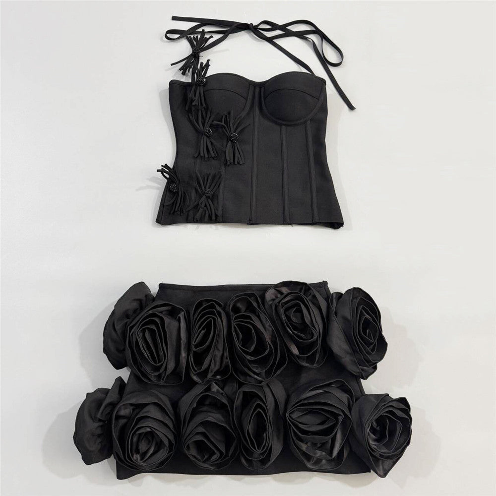 Halter Top Three Dimensional Floral Skirt Set Two Piece Bandage